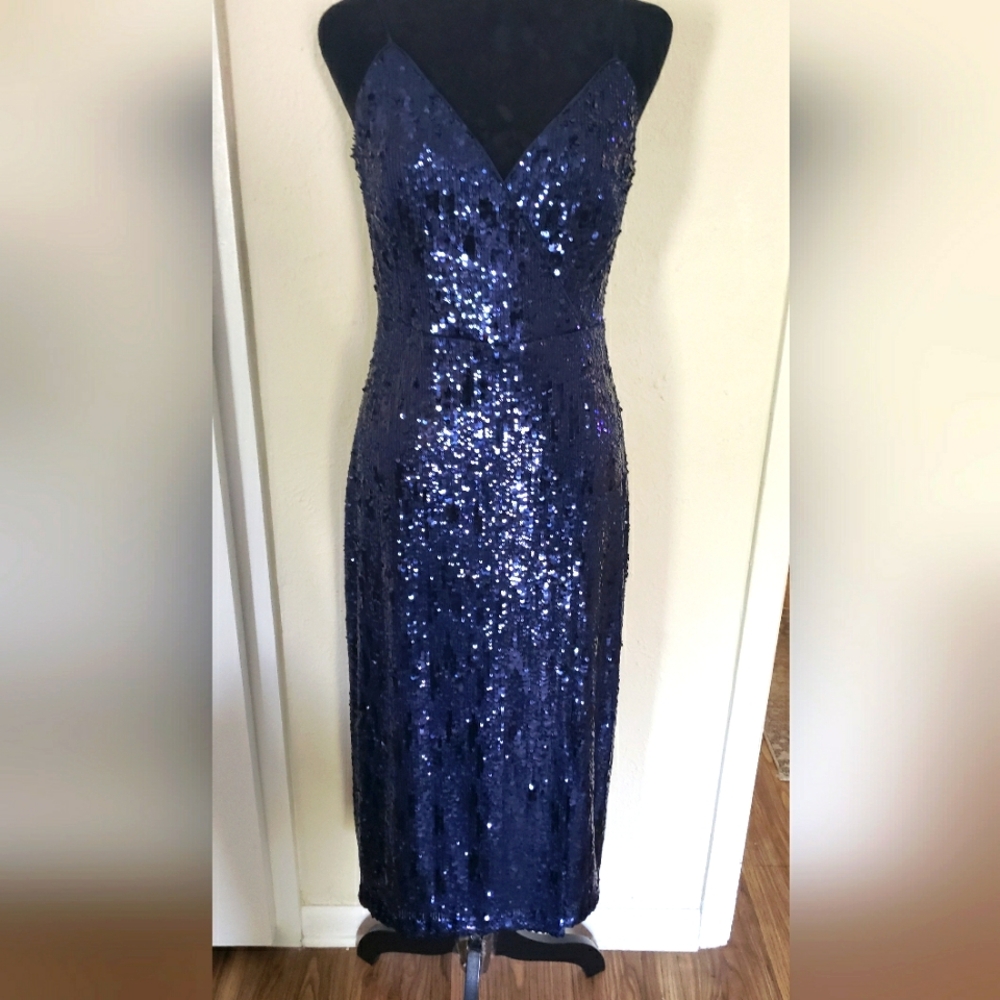Ramy Brook New York Elegant Sequin Evening Dress in Navy Blue